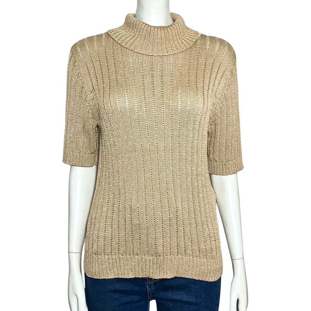 Vintage 90s Silk Blend Gold Turtleneck Short Sleeve Sweater. S/M. Minimalist